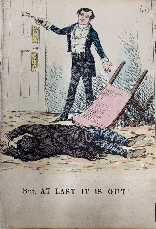 Illustration showing a man standing holding a tooth in a pair of pliers and another man laying on the ground below a knocked over chair. Text at the bottom of the illustration reads, "But, AT LAST IT IS OUT!"