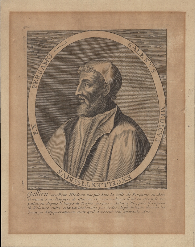 Woodcut portrait of Claudius Galenus, showing a man with a beard facing left