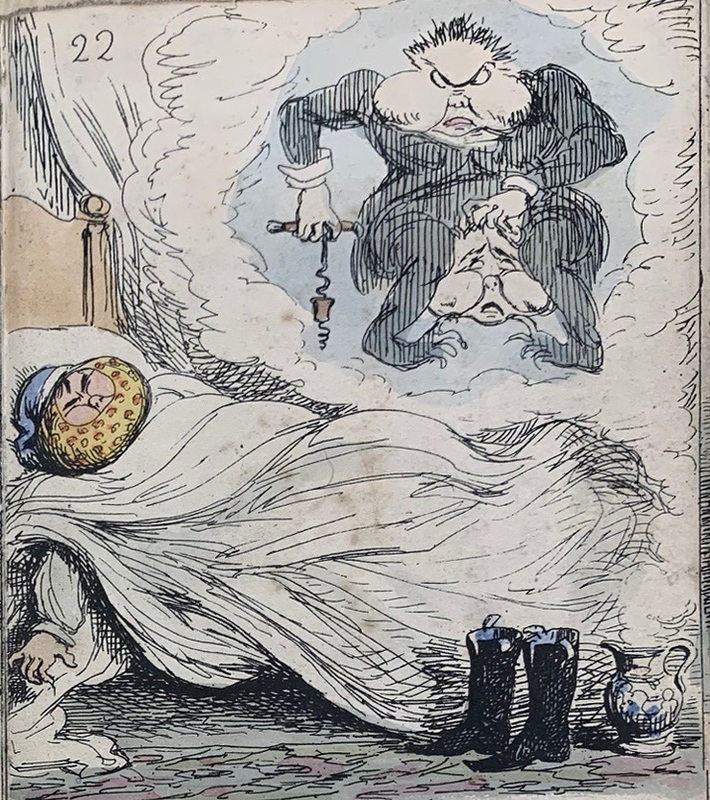 Fragment of panel 22 with a drawing of the tooth-ache sufferer asleep in bed, having nightmarish dreams