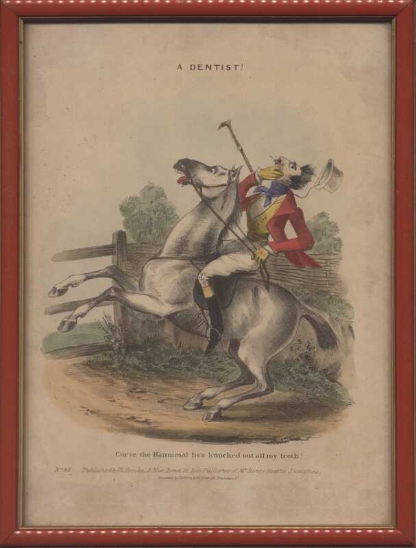 A horse rider clasping at his jaw and calling for a dentist with an explanatory label: Curse the Hannibal he's knocked out all my teeth! No. 45 of Heath's lithographic satires