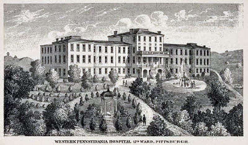 A black-and-white engraving of a large three-story building with two wings, a front portico, and a fountain.