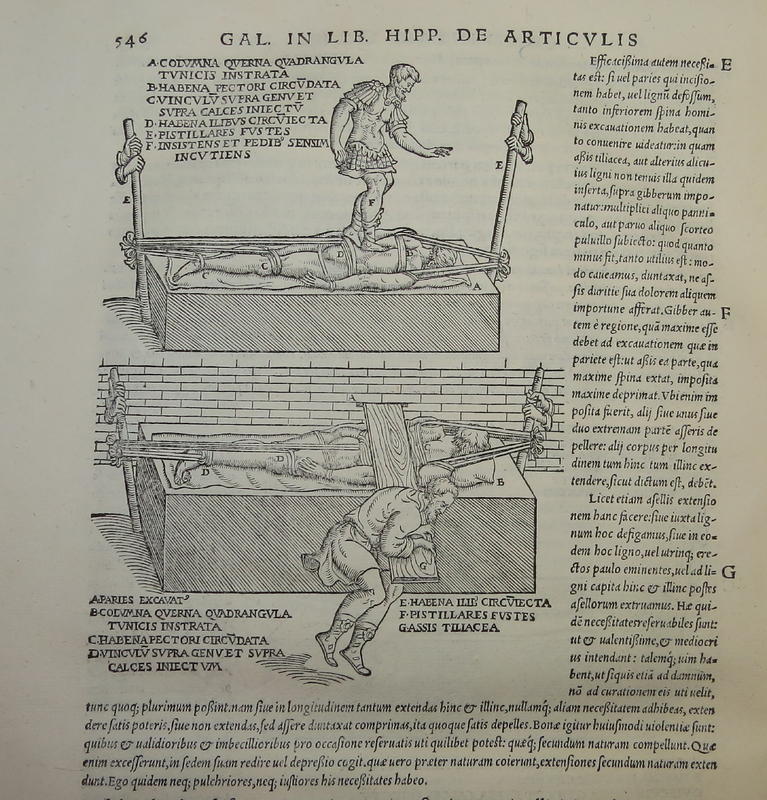 An old book, open to a page showing an illustration of a man tied to contraption with ropes and another man walking on his back and pressing on him with a wooden board.