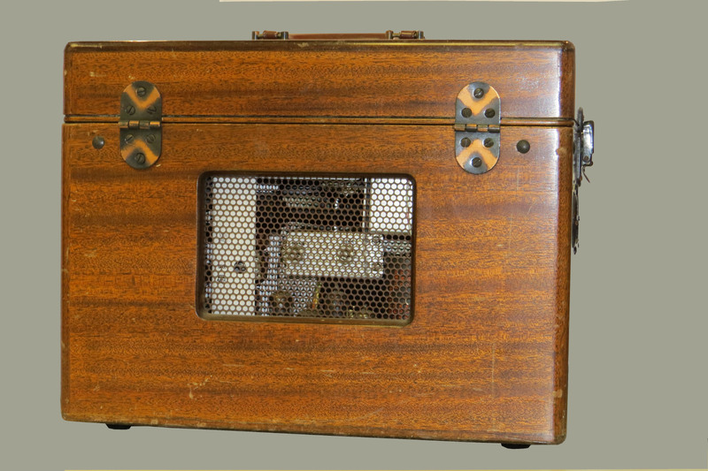 A wooden case with a handle and a brass plaque inscribed: "Dr. W.J.Armstrong." Case contains portable electrocardiograph (model 51, serial 9758).