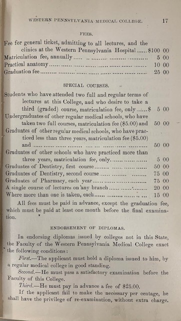 Single page of an open book showing typewritten text that lists out fees of medical school and their associated costs.