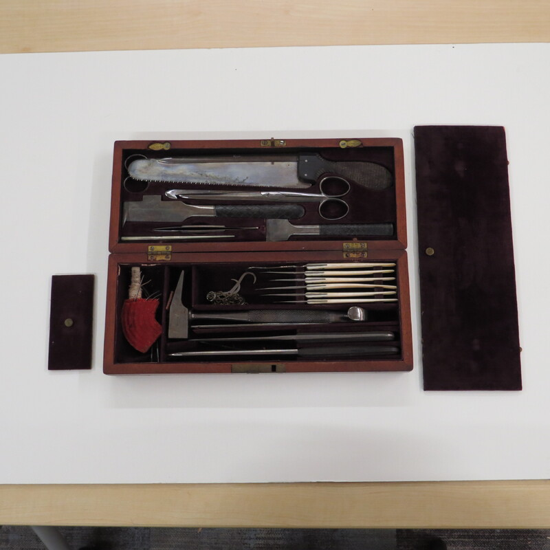 Surgical set. Set includes: 1 chisel, 1 rachtome chisel, 1 scissors, 1 bowel scissors, 1 lifting back bone saw, 1 dissecting forceps, 1 blow-pipe, 1 costotome, 5 scalpels with ivory handles, 1 tenaculum with ivory handle, 3 cartilage knives, 4 surgical needles and thread, 1 tissue forceps and 1 retraction chain with 3 hooks.