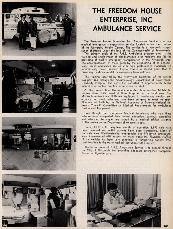 page from the 1969 University of Pittsburgh School of Medicine yearbook showing an article and five black and white photographs about Freedom House Ambulance Service.