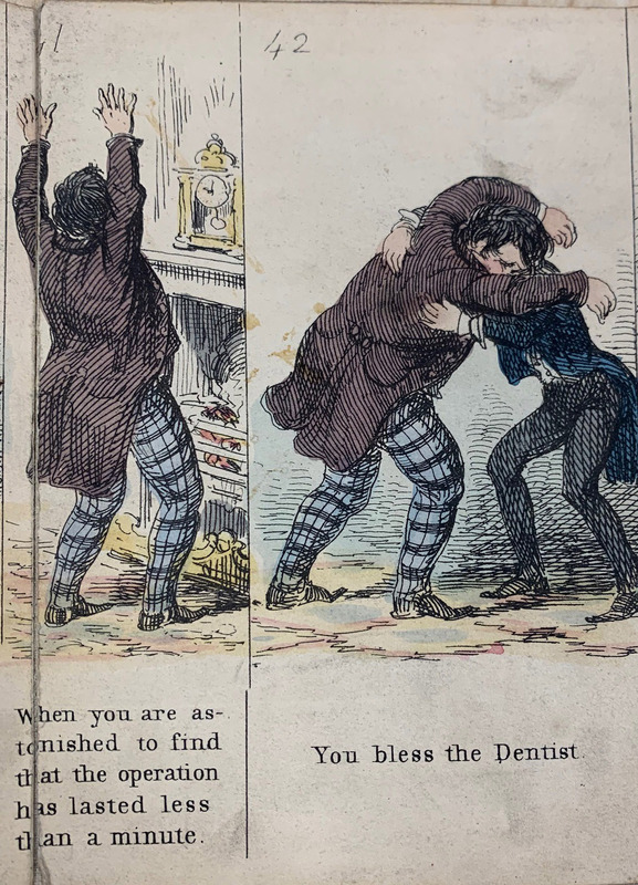 Two-paneled comic showing a man throwing his hands up at a clock and then hugging another man. Text reads "When you are astonished to find that the operation has lasted less than a minute. You bless the Dentist."