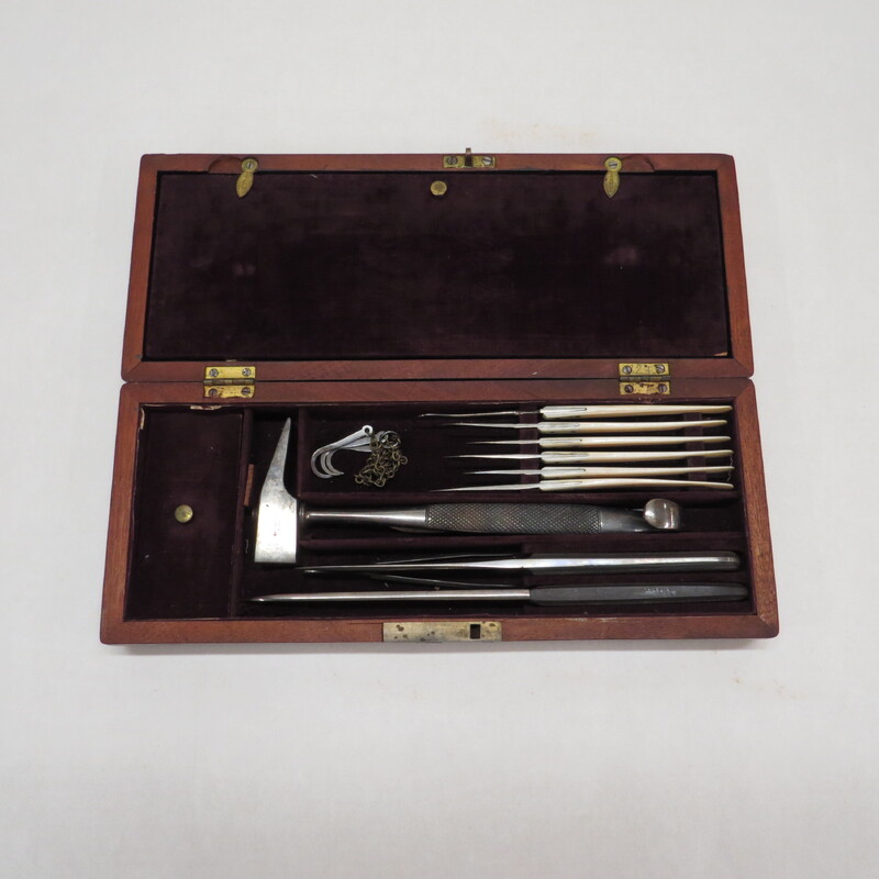 Surgical set. Set includes: 1 chisel, 1 rachtome chisel, 1 scissors, 1 bowel scissors, 1 lifting back bone saw, 1 dissecting forceps, 1 blow-pipe, 1 costotome, 5 scalpels with ivory handles, 1 tenaculum with ivory handle, 3 cartilage knives, 4 surgical needles and thread, 1 tissue forceps and 1 retraction chain with 3 hooks.