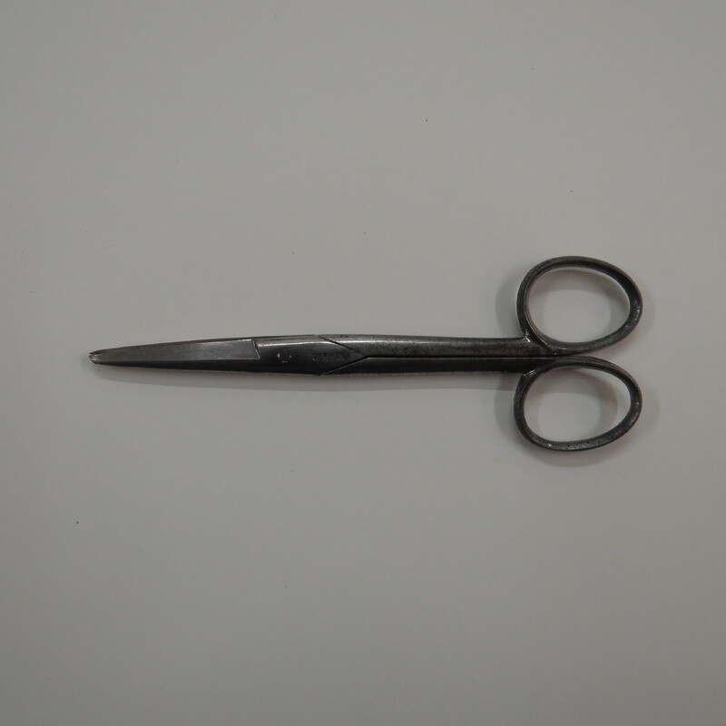 Straight steel German scissors, with blunt and sharp tips. Engraved on the blades "Germany" and initials FA.