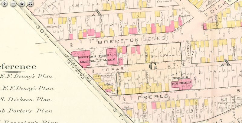 Pink-shaded map showing Brereton, Topas, and Preble Streets. Western Pennsylvania Medical College is larger pink/white rectangle at 30th St and Topas St.