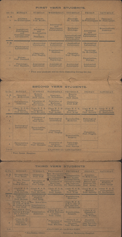 Three-page typewritten foldout showing a timetable from 9AM-4PM for Monday-Saturday for first, second, and third year students. Each time slot is filled with a lecture or clinic assignment, such as "Chemistry, Prof. Tingley," or "Clinic W.P.H. Medical. Prof. Lange."