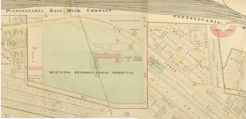 Yellow colored map from the Pennsylvania Railroad Company showing Jones Ave and 30th St. Western Pennsylvania Hospital is a large green/pink area in the center of the map at 30th St.