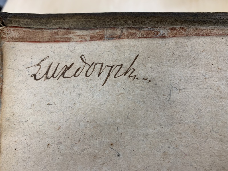 Photo of a signature in an old book reading "Luxdorph"