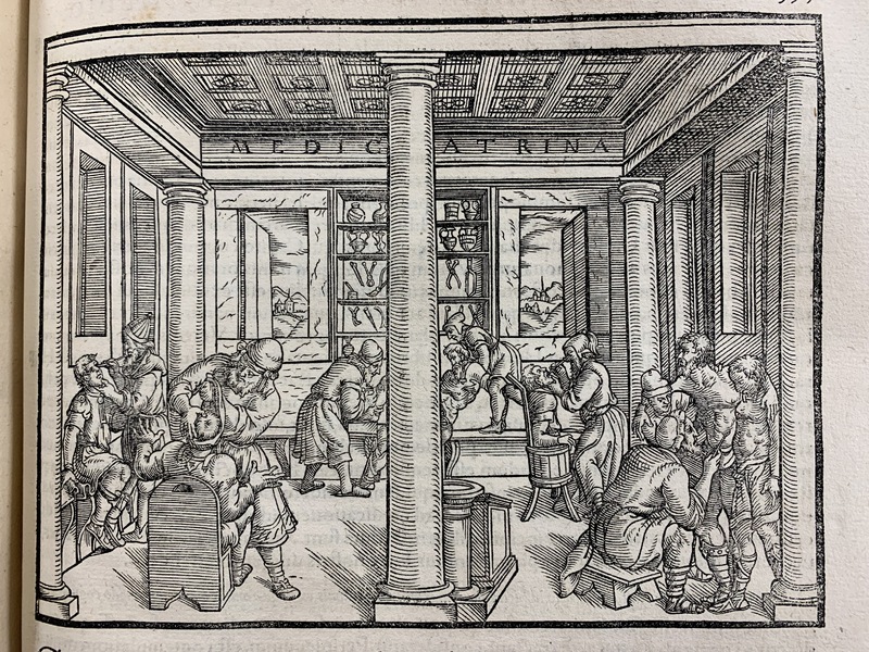 An illustration showing many men, one adjusting another's head, another looking at another's eye, one looking at one's mouth, etc.
