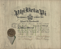 Yellowed certificate with a seal on the bottom left corner and a skull and pelvis bone emblem at the top. Reads: "Phi Beta Bi. This writing is to certify that Robert R Macdonald of Pittsburgh, State of Penna., has been initiated by the Alpha Chapter of University of Pittsburgh 11089 in witness whereof we have hereunto set out hand and have caused to be affixed the great seal of the fraternity this 27th day of April A.D. 1929."