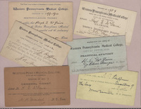 Six index cards scattered on a pink background, each headed "Western Pennsylvania Medical College." All are from the 1890s. One reads, "Western Pennsylvania Medical College, Sessions of 1891-92, Matriculation Ticket. This certifies that S.J. Heffner is entitled to enter the Western Pennsylvania Medical College, he having duly complied with the preliminary requirements." Another reads, "Session of 1897-8, Western Pennsylvania Medical College, City of Pittsburgh. Practical Anatomy. Admit H.E. McGuire."