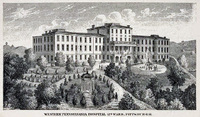 A black-and-white engraving of a large three-story building with two wings, a front portico, and a fountain.