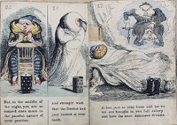 Three panels of a comic showing a man with a very swollen face struggling to sleep and then dreaming of a painful dental procedure. Text reads "But, in the middle of the night, you are aroused once more to the painful nature of your position and strongly wish that the Dentist had just looked at your tooth. At last, just as your boots and hot water are brought in, you fall asleep and have the most delicious dreams,"