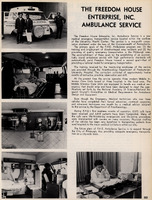 page from the 1969 University of Pittsburgh School of Medicine yearbook showing an article and five black and white photographs about Freedom House Ambulance Service. 